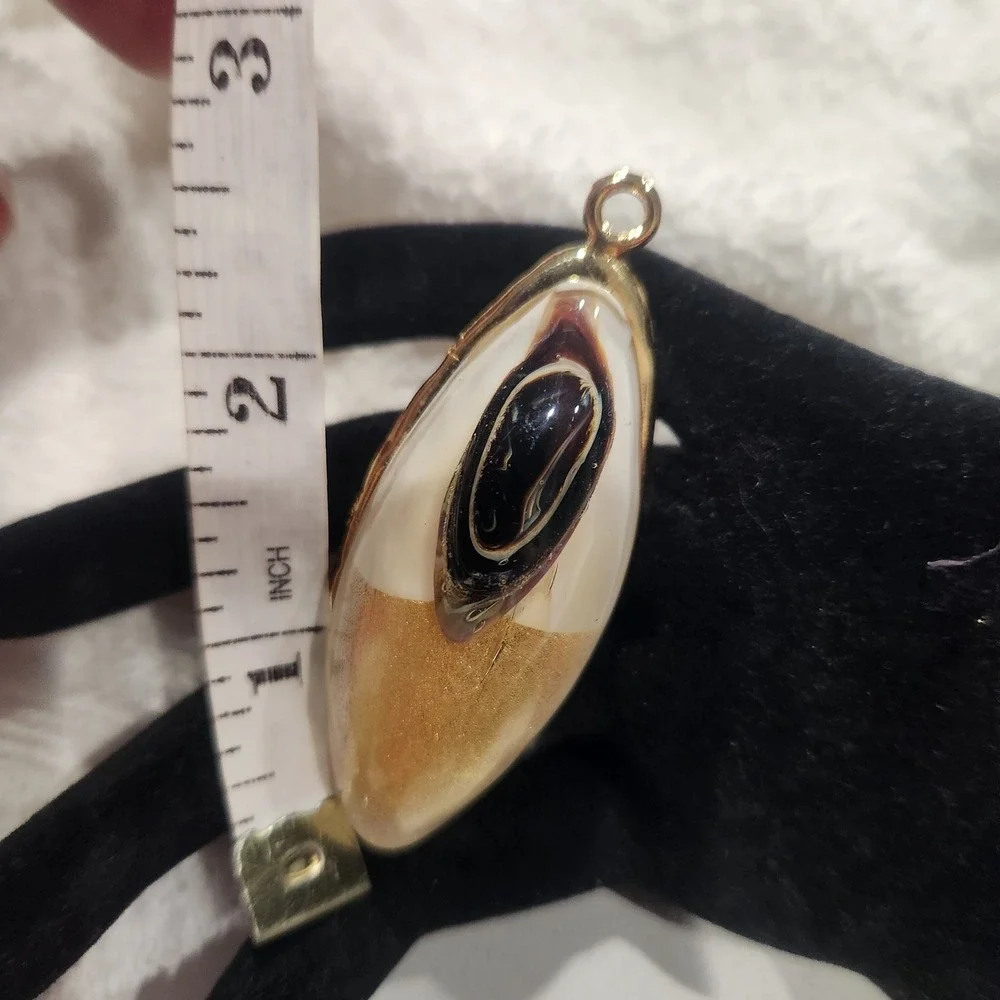 Vintage Gold Tone Pendant Marquise Abstract Resin White Gold Black Swirl chunky